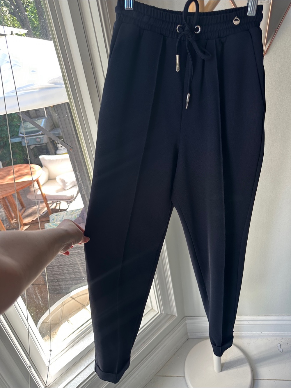 RINO & PELLE Danish Designer Black Drawstring Jogger Pants Waffle Knit Size XS